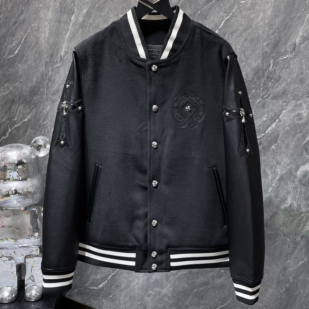 Chrome Hearts Classic Sanskrit Cross Embroidery Baseball Jacket