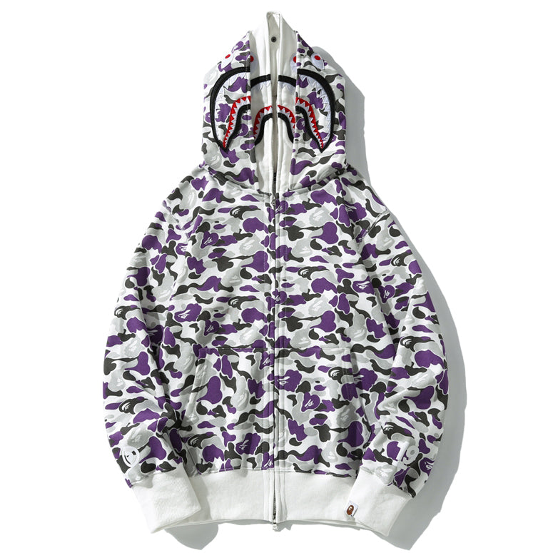 BAPE Purple Camo Shark Zipper Double Hoodie